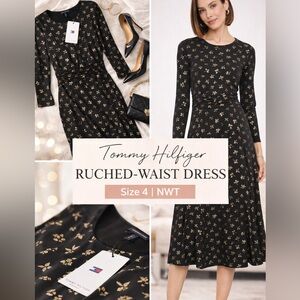 Tommy Hilfiger Ruched Waist Midi Dress 4 NWT Black Gold Long Sleeve Office Chic